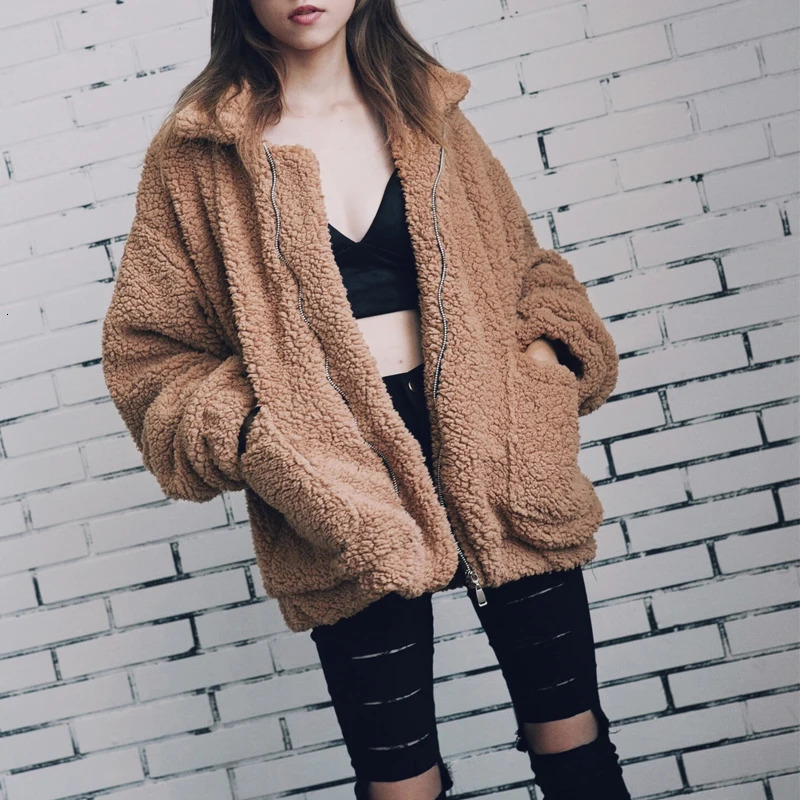 Autumn and Winter Artificial Fur Coat Womens Khaki Casual Warm Soft Zipper Leather Jacket Plush Coat Pocket Teddy Coat Womens Jacket 241112
