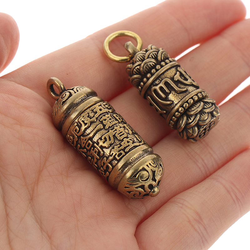 Hollow Brass Buddha Bottle Sutra Cylinder Pendant Keychain Handmade Vintage Pill Box Container Bottle