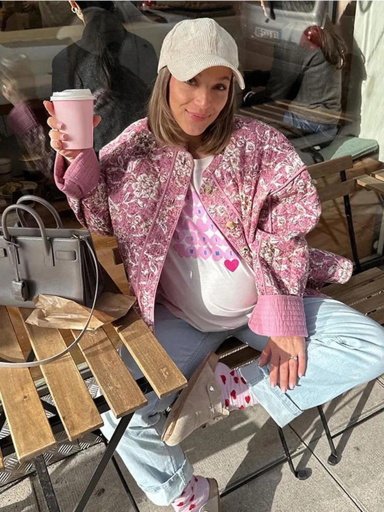 Womens Quilted Jacket Fall Winter Floral Print Thickened Stand-up Collar Cotton Jacket Fashionable Outerwear Jacket 241112