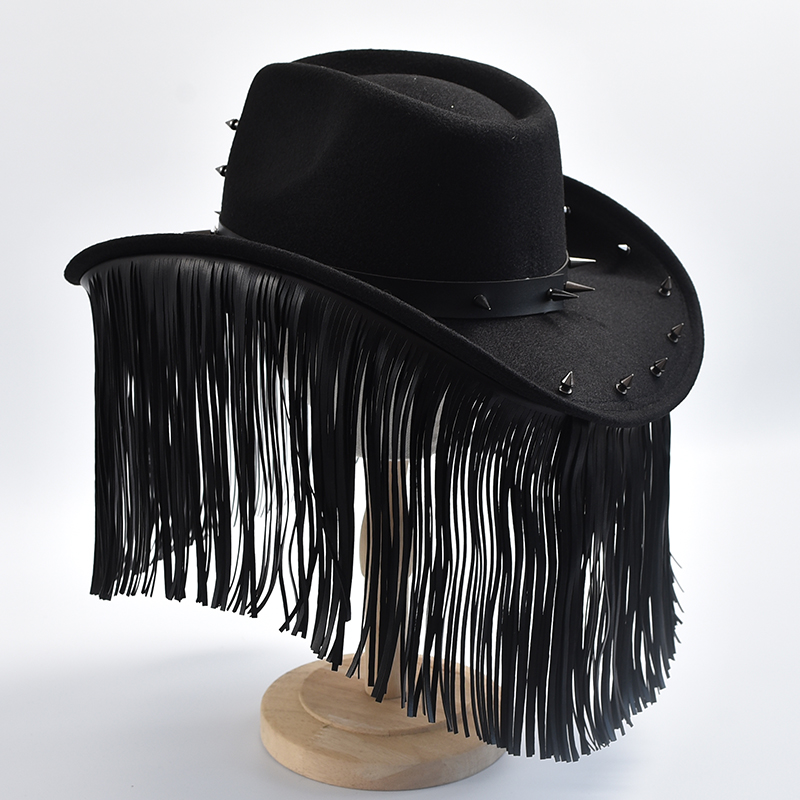 New Handmade Cowboy Hat for Men Women Punk Style Wide Brim Tassel Felt Jazz Hats Cowgirl Festivals Cosplay Party Accessory