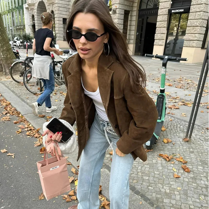 TRAF Womens Jacket Autumn Suede Jacket Womens Office Jacket Long Sleeve Jacket Old Casual Solid Jacket Womens 241111