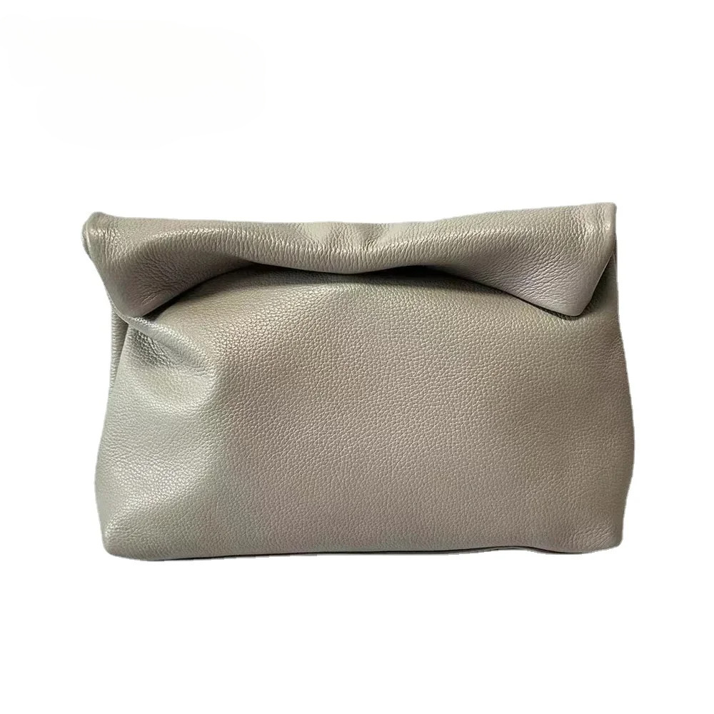 Cowhide Woman Clutch Bag Thick Natural Leather Simple Style Purses Calfskin Folding Daily Pouch Genuine Leather