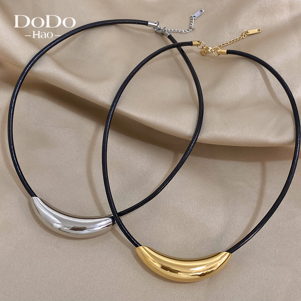 HAO Vintage Chunky Gold Color Metal Tube Pendant Black Leather Wax Rope Choker Necklaces for Women New Charm Jewelry Gift 5