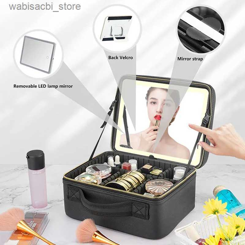 Cosmetic Bags Smart LED Cosmetic Case With Mirror Travel Makeup Bag Large Capacity Female Beautician Skincare Product Makeup Case For Women L49