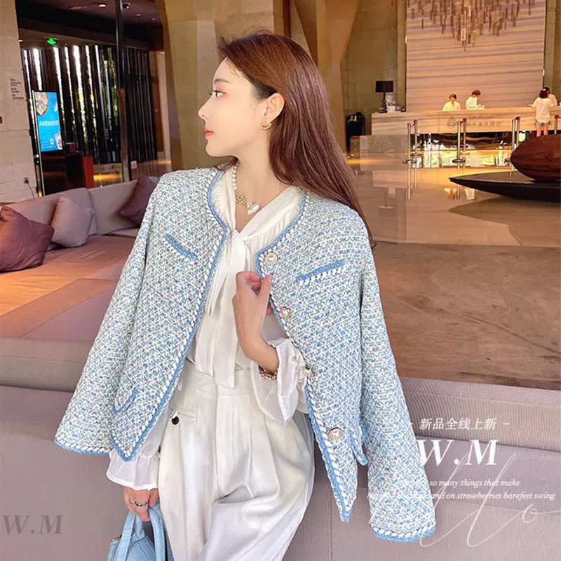 Elegant Blue Plaid Tweed Jacket Women Vintage Round Neck Pearl Button Short Coat Korean Fashion Chaqueta 241112