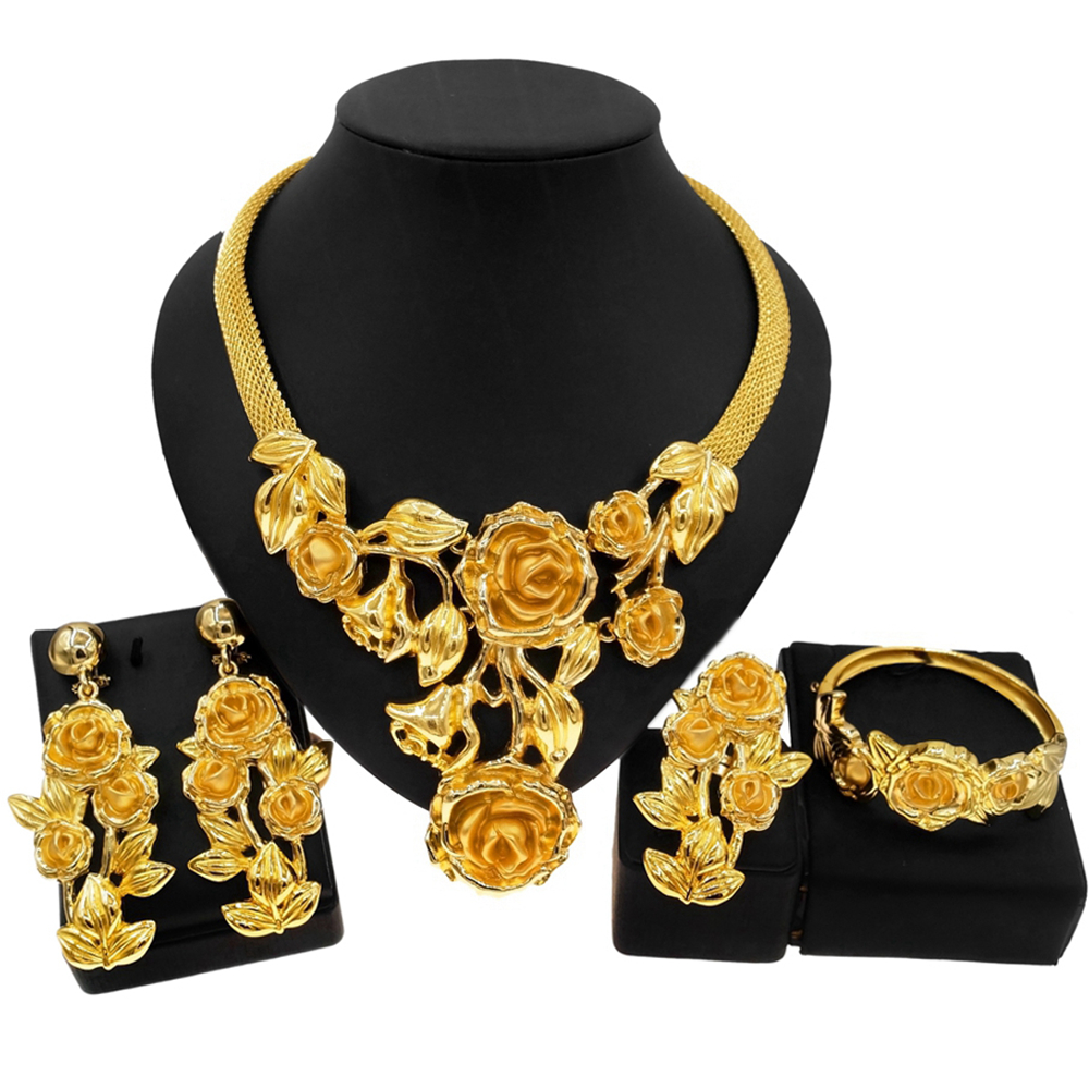 Dubai Gold Plated Women Necklace Jewelry Set Rosebud Pendant Large Ring Earrings Wedding Dinner Party Bijoux SYHOL 41b19 5 30284