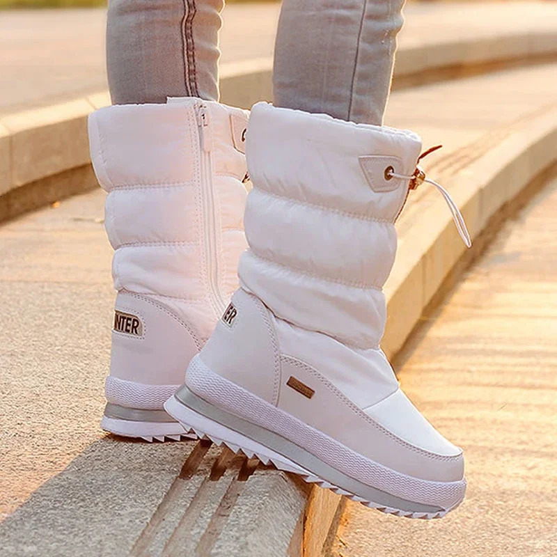 White Women Boots Winter Shoes Warm Plush Mid-calf Boots Waterproof Rubber Non-slip Platform Snow Boots Female Plus Size 42 241112