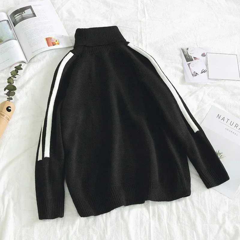 Knitted sweater mens striped floral mens clothing white high neck Harajuku casual turtle neck top old Korea 2024 autumn warm W2411111