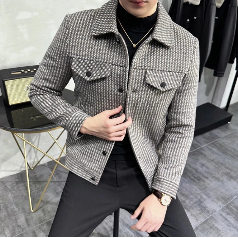 Winter mens wool jacket with a collar and fur collar casual business wool blend social streetwear coat mens clothing 241112