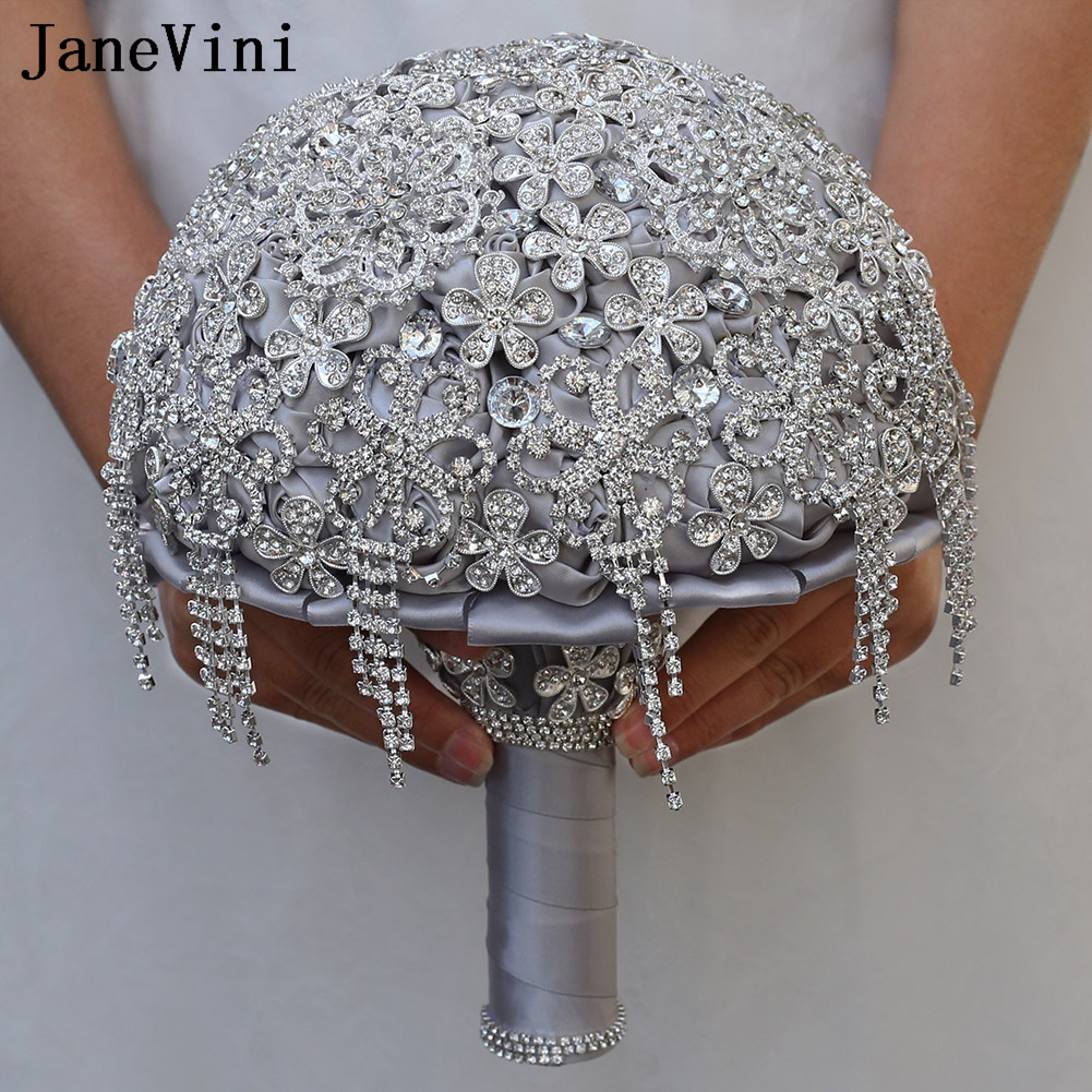 JaneVini Bling Bling Silver Jewelry Brides Wedding Bouquet Satin Flower Beaded Crystal Bruidsboeket Wedding Bridal Hand Bouquets