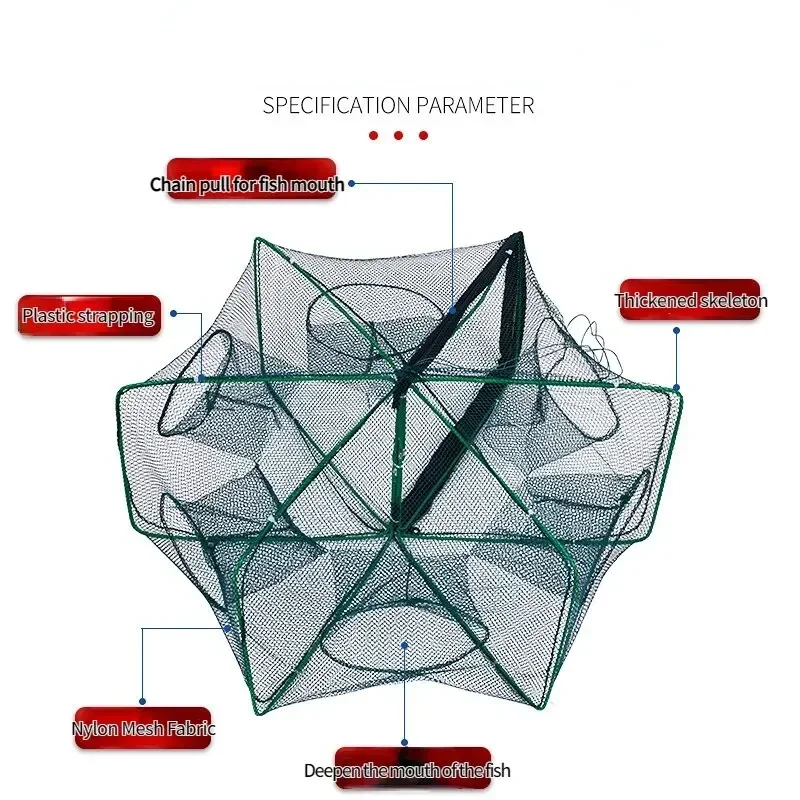 Fishing Net Mesh Folded Hexagon Octagon 6 Holes Fish Shrimp Automatic Trap Crayfish Catcher Fish Network Baits Cast Mesh Trap