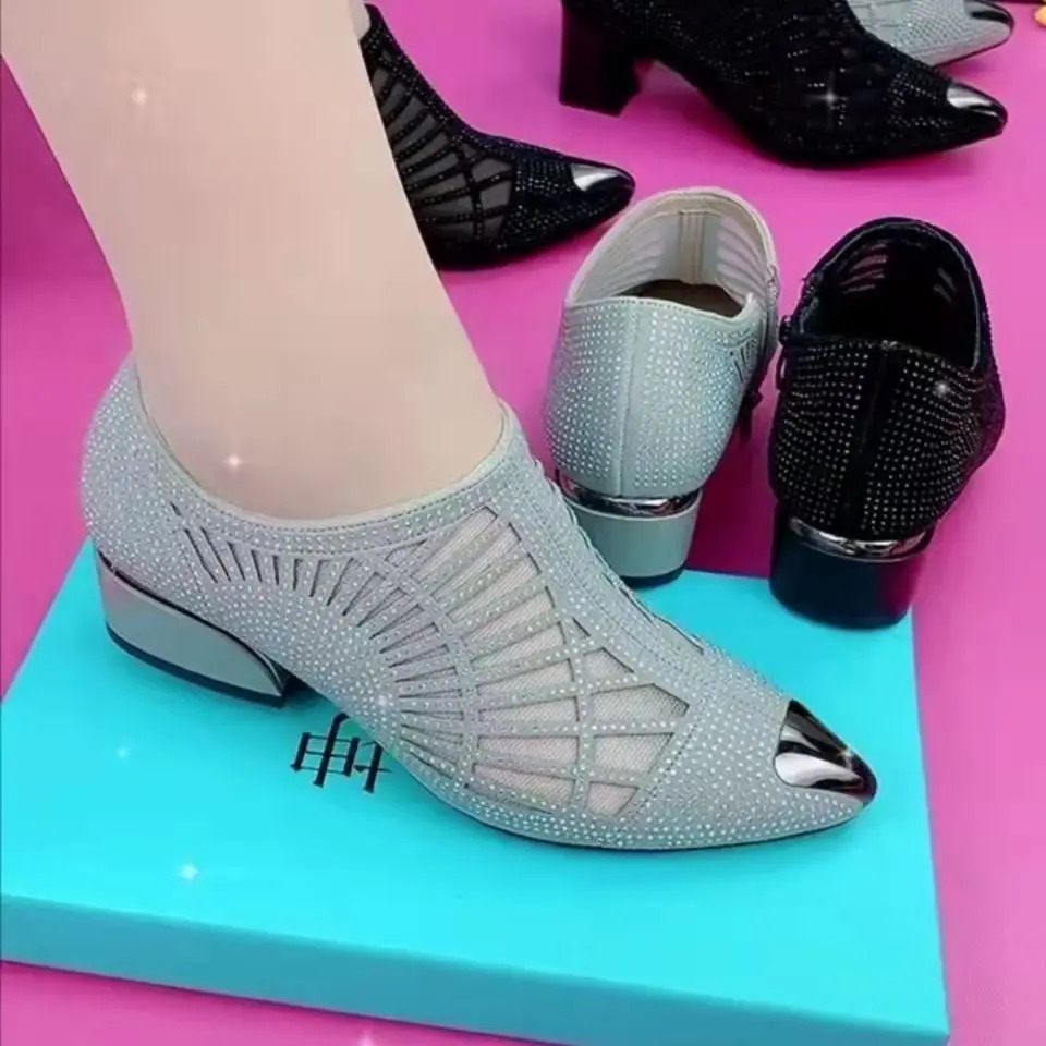 Ladies Mesh Breathable Bow Transparent Rhinestone Elegant Middle Heel Shoe High Vertex Hollow Sandals 241111