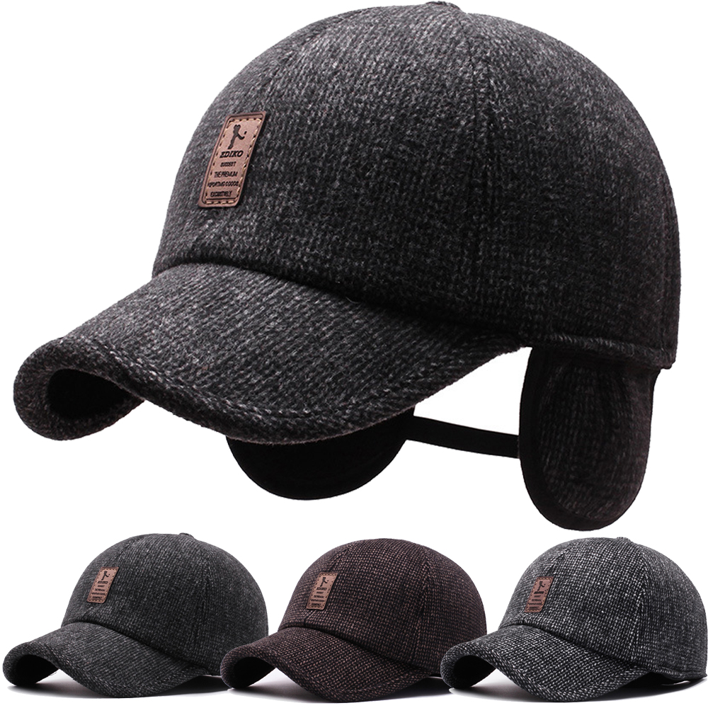 Vintage Baseball Cap Woolen Knitted Winter Ear Cover Baseball Cap Men Thicken Warm Hats with Earflaps Sport Golf Hats Snapback 4c31b