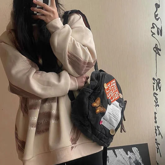 American retro button collage letters cute mini backpack student backpack storage bag Kawaii Y2k handbag denim backpack 241111
