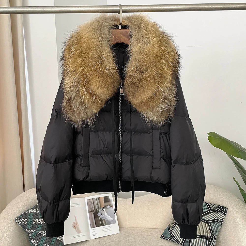 Natural Raccoon Fur Coat Winter Genuine Fur Inflatable Jacket Womens Thick Shorts Parkas Womens Loose 90 White Duck Down Coat 241112