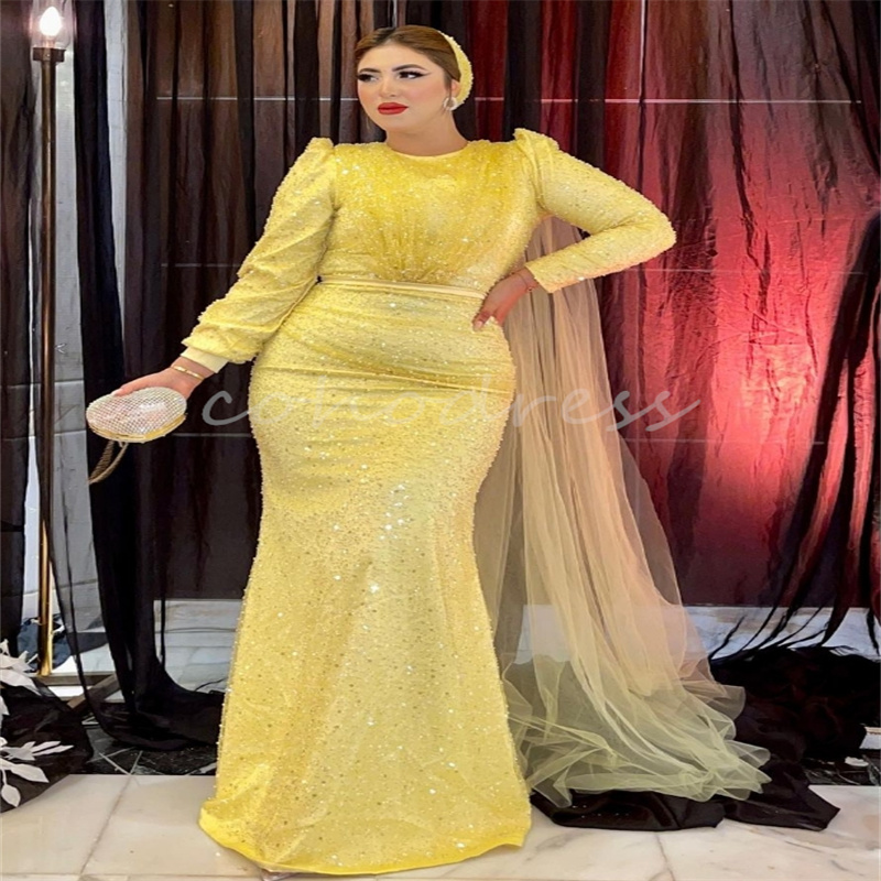 Shine Yellow Sequin Evening Dresses Plus Size Mermaid Arabia Prom Dress Elegant Long Sleeve Formal Birthday Party Gown With Tail Sparkly Robe De Soire