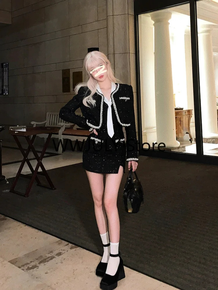 Autumn/Winter Retro Black 2-piece Womens Set Korean Fashion Set Casual Short CoatElegant Belt Y2k Mini Dress Party 241112