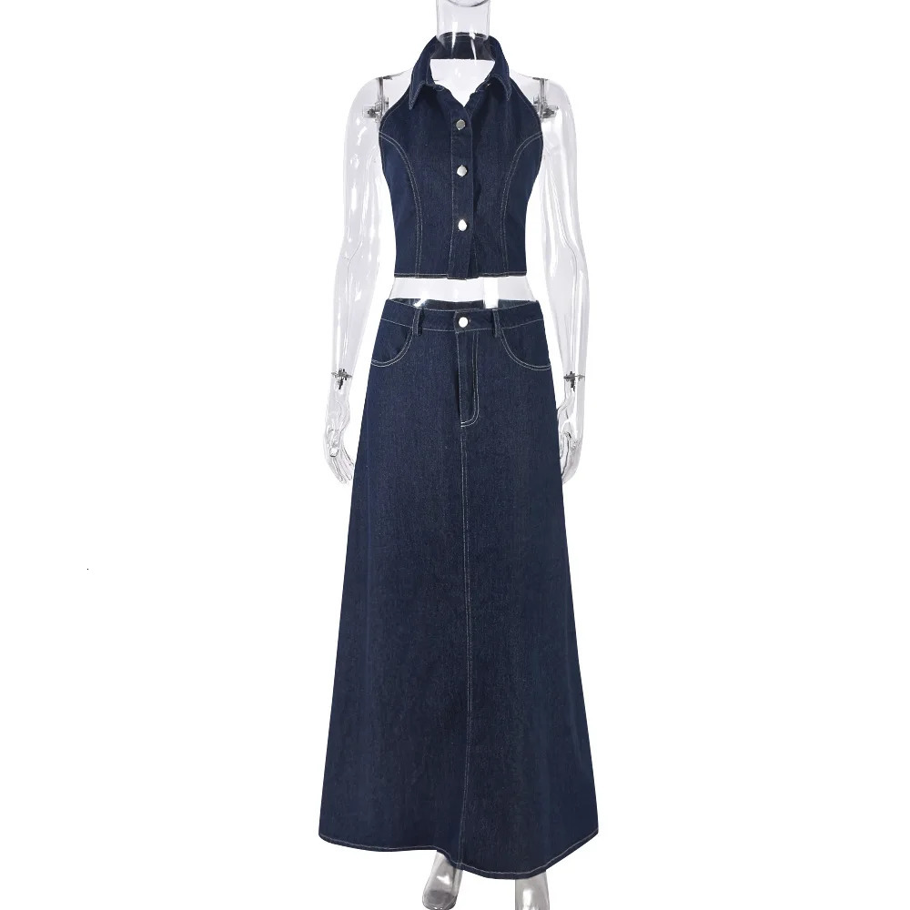 2 Piece Set Women Spring Summer Denim Pocket Sleeveless Tops And Maxi Skirt Suits Mujer Matching Sets Jacket Outfit 240412