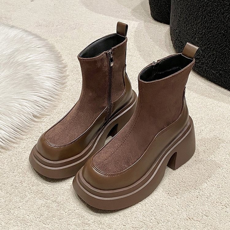 Women's Retro Thick Soled Versatile Suede Patchwork Short Boots Free Shipping.
