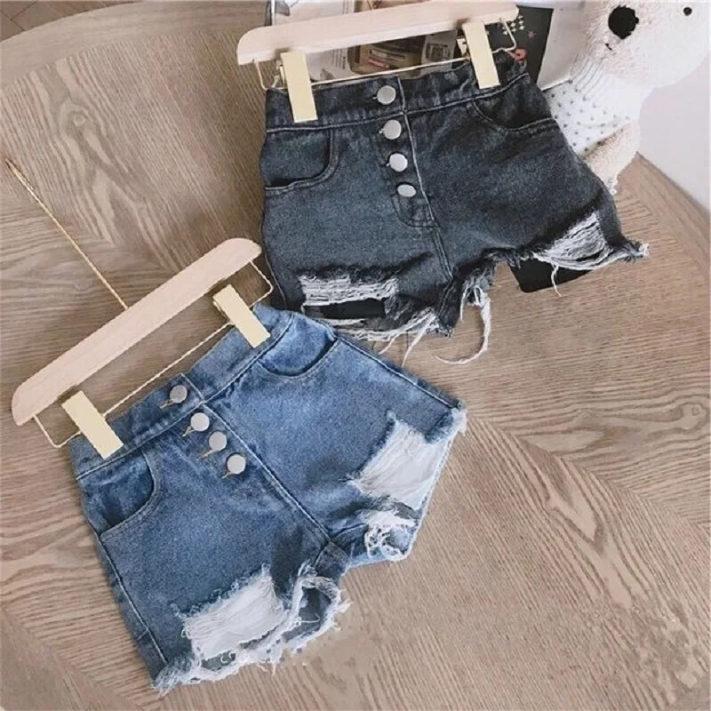 Fashion Baby Girl Casual Jean Shorts Ripped Holes Toddler Teen Child Cotton Scanties Trousers Button Summer Baby Clothes 1-14Y 240329