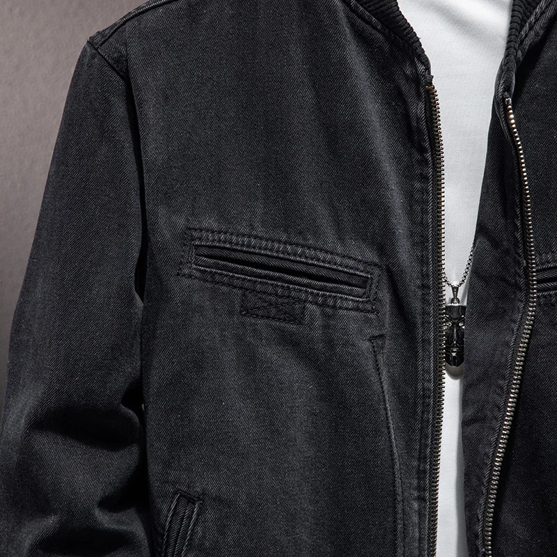 Autumn Stand Collar Zipper Denim Jacket Men Casual British Slim Black Motorcycle Male Baseball Jacket Cowboy Coat 241112