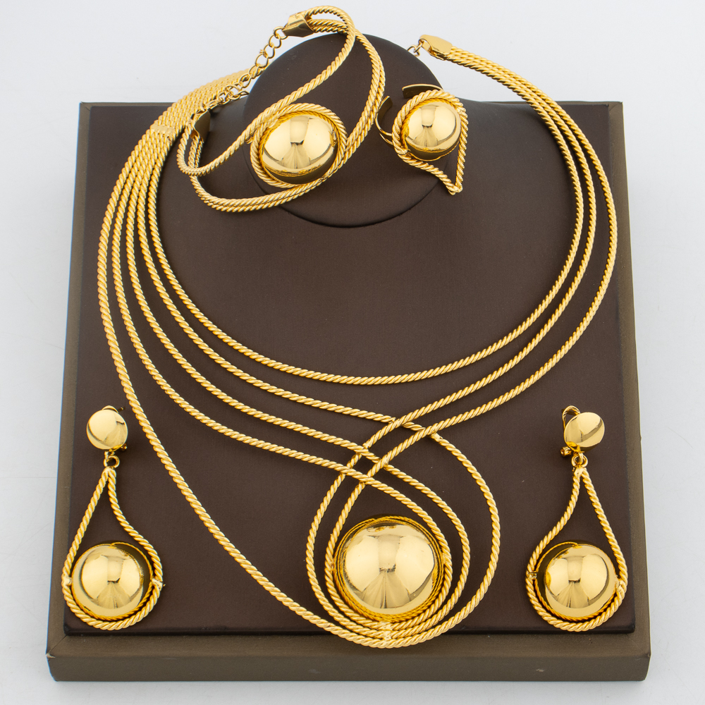 Wedding Party Jewelry Set for Women African Gold Color Design Necklace Earrings with Bracelet Ring Bride Set Dubai 03174