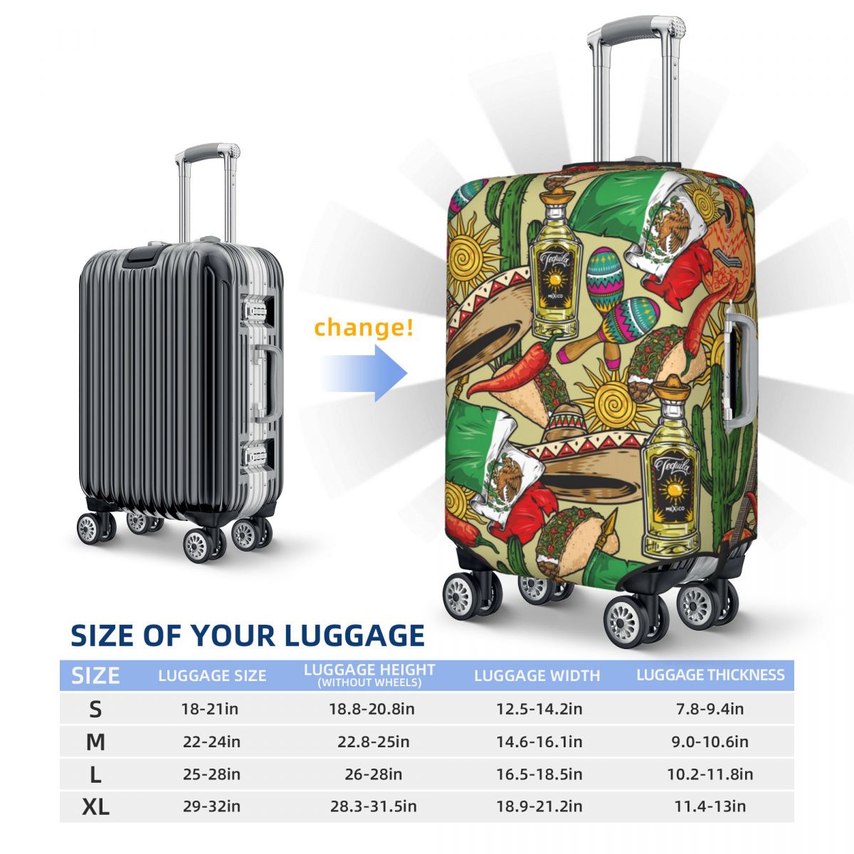 Mexican Symbols Suitcase Cover Vintage Travel Protector Holiday Elastic Luggage Accesories Xmas Gift