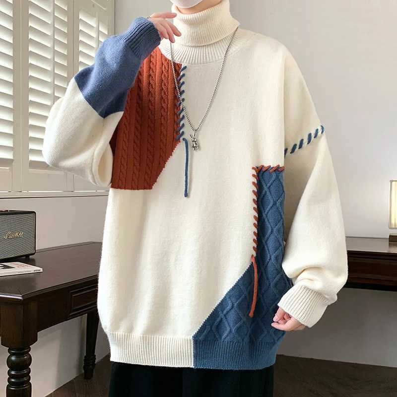 Turtleneck sweater mens patch work style street clothing high neck knitted sweater Harajuku Japanese style jumper W2411111