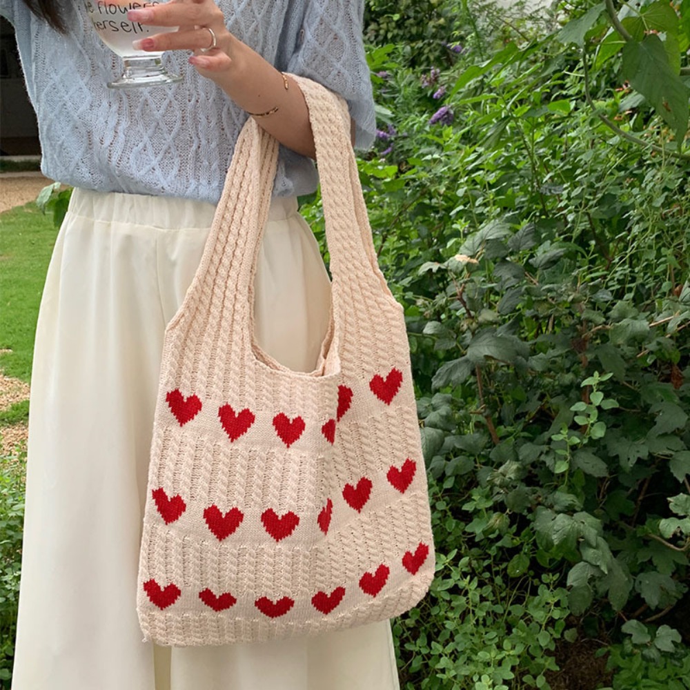 Designer Knitted Handbags Women Large Capacity Hollow Woven Shopping Bags Heart Print Casual Lightweight Single Shoulder Bags