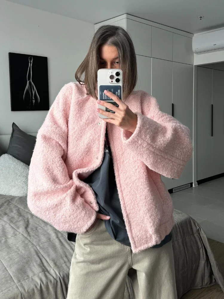 Autumn Women Elegant Pink Loose Bomber Jacket With Pocket Casual Single Breasted Long Sleeve Outerwears Female Outdoor Coat 241112