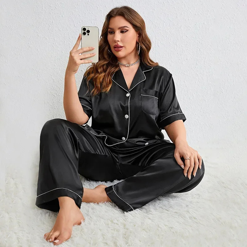 Large size silk and satin womens sleepwear set solid short sleeved top and pants 2-piece set sleepwear with open collar button sleepwear 241112