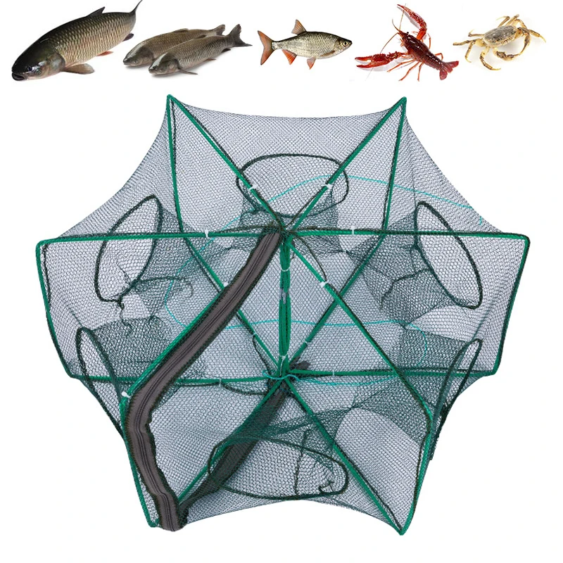 Fishing Net Mesh Folded Hexagon Octagon 6 Holes Fish Shrimp Automatic Trap Crayfish Catcher Fish Network Baits Cast Mesh Trap