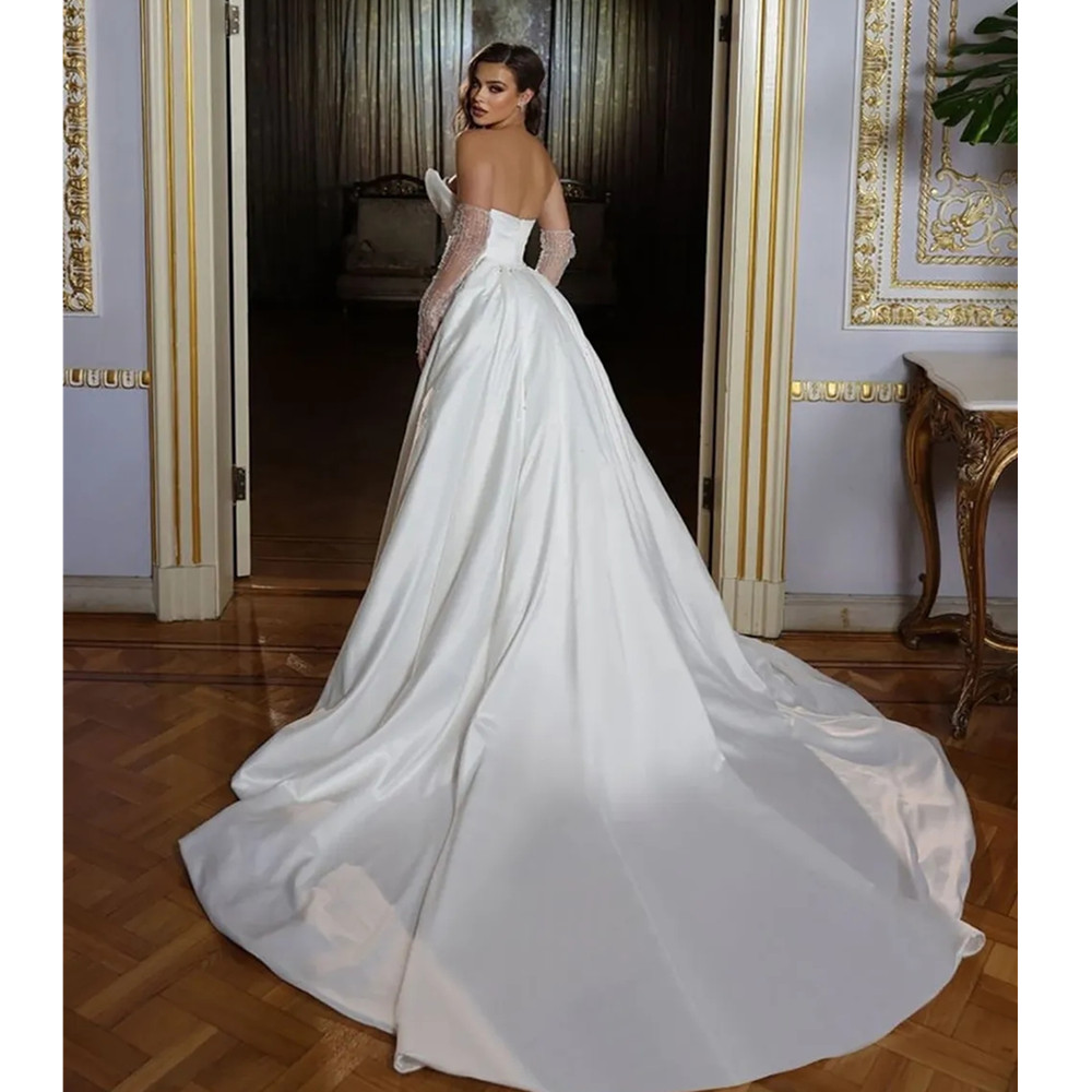 Luxury Satin Mermaid Wedding Dress With Detachable Train Arabic Charming Brides Gown Sleeveless Crystal Beading Chapel Train Formal Bridal Gowns Plus 