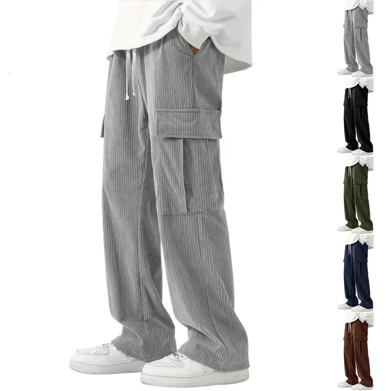 European and American High Street Fashionable Overalls Mens Corduroy Loose Wide Leg Straight All-Matching Casual Pants 241112