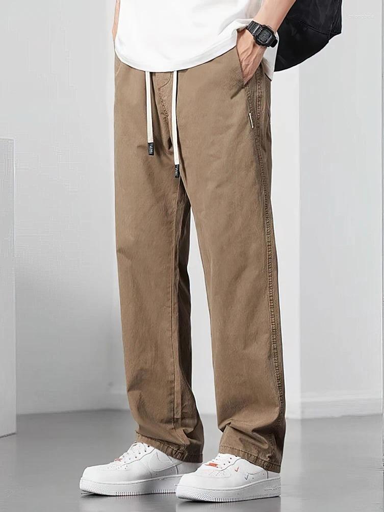 Mens Pants Cotton Straight Casual Men Work Wide Leg Brown Long Cargo Trousers Loose Drawstring Sweatpants Male