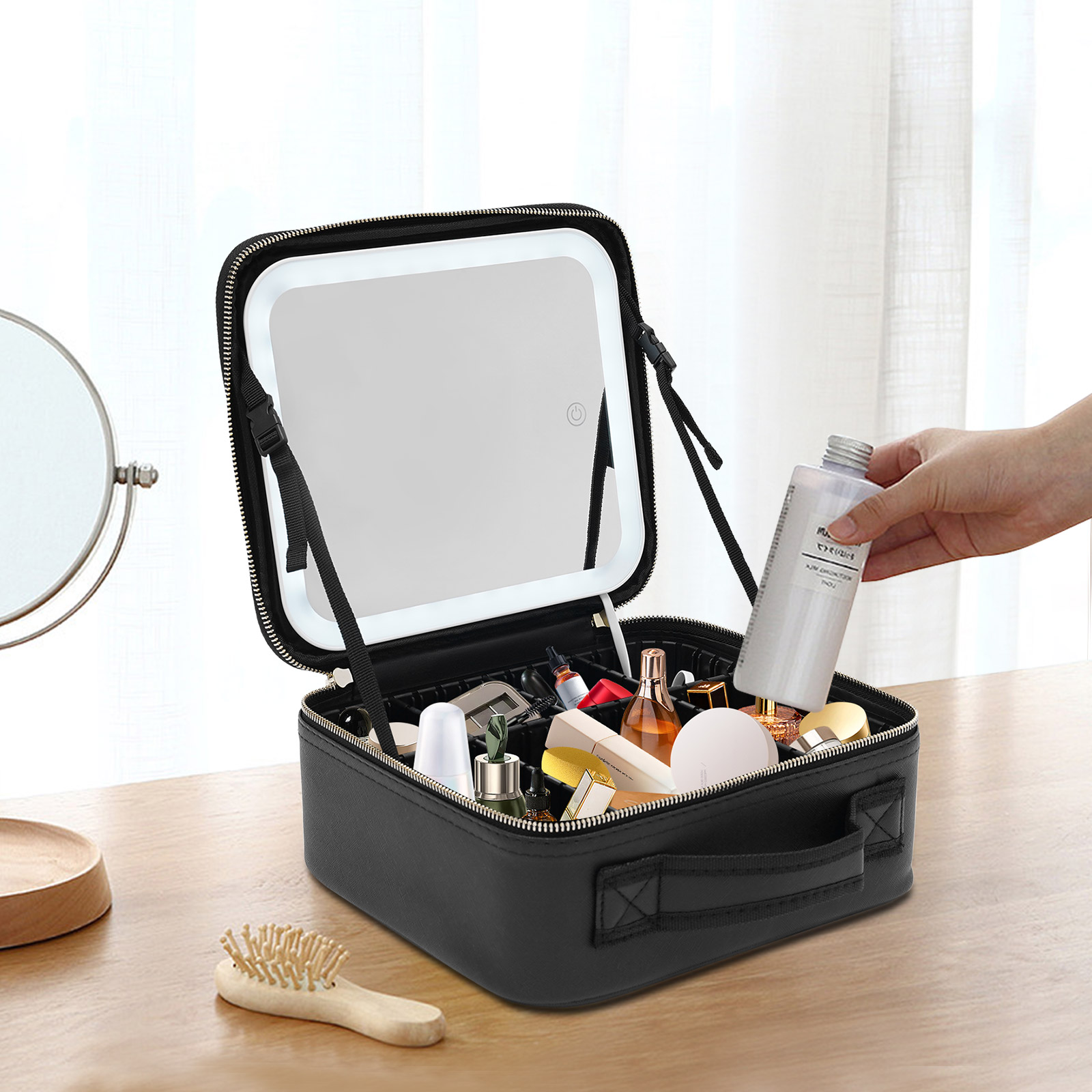 Cosmetic Organizer Case with LED Mirror Travel Makeup Bag Large Capacity PU Adjustable Compartment Makeup Storage Box f5b2d