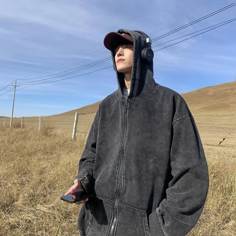 Trendy Vintage Hooded Cardigan Sweatshirt For Men Loose Fit Style Spring Autumn Season Ins Washing Couple Student Jacket 241111