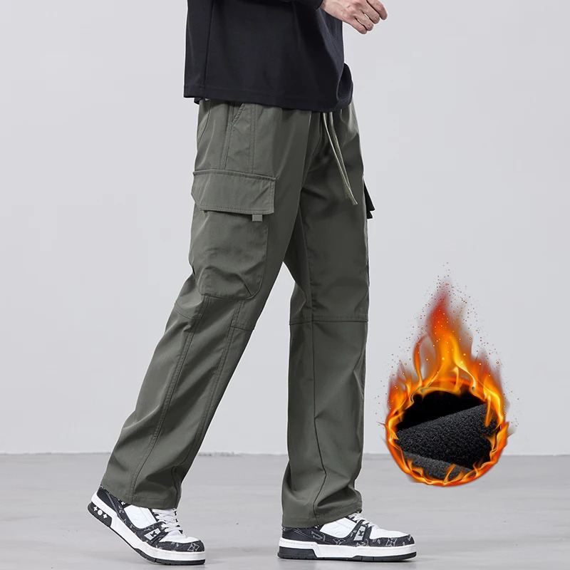 Mens Fleece Cargo Pants Winter Fashion Casual Pants Large Pockets Loose Velvet Trousers Male Plush Thickened Warm Pants 241112