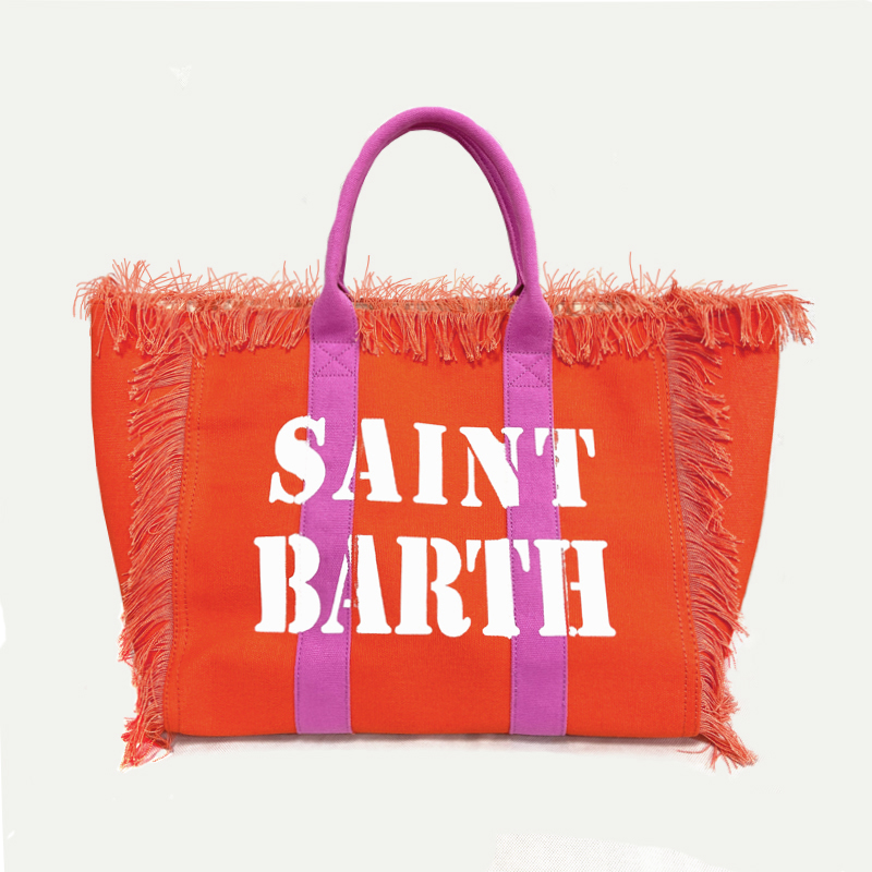 Saint Barth Brand Women Casual Tote Bag Tassel Luxury Canvas Beach Shoulder Bag Large Handbag Orange Solid with Rose Red Handles