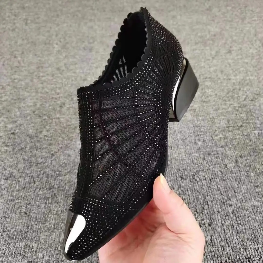 Womens Pointed Toe Sandals Breathable Mesh Tie Water Diamond Transparent Elegant Middle Heel Simple Pump Shoes Mesh Sandals 241111