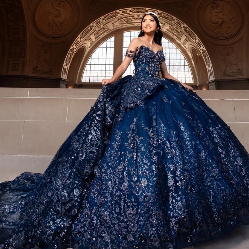 Navy Blue Shiny Quinceanera Dresses Ball Gown Off The Shoulder Sequin Lace Applique Beaded Tull Corset Sweet 16 Dress Vestidos De 15