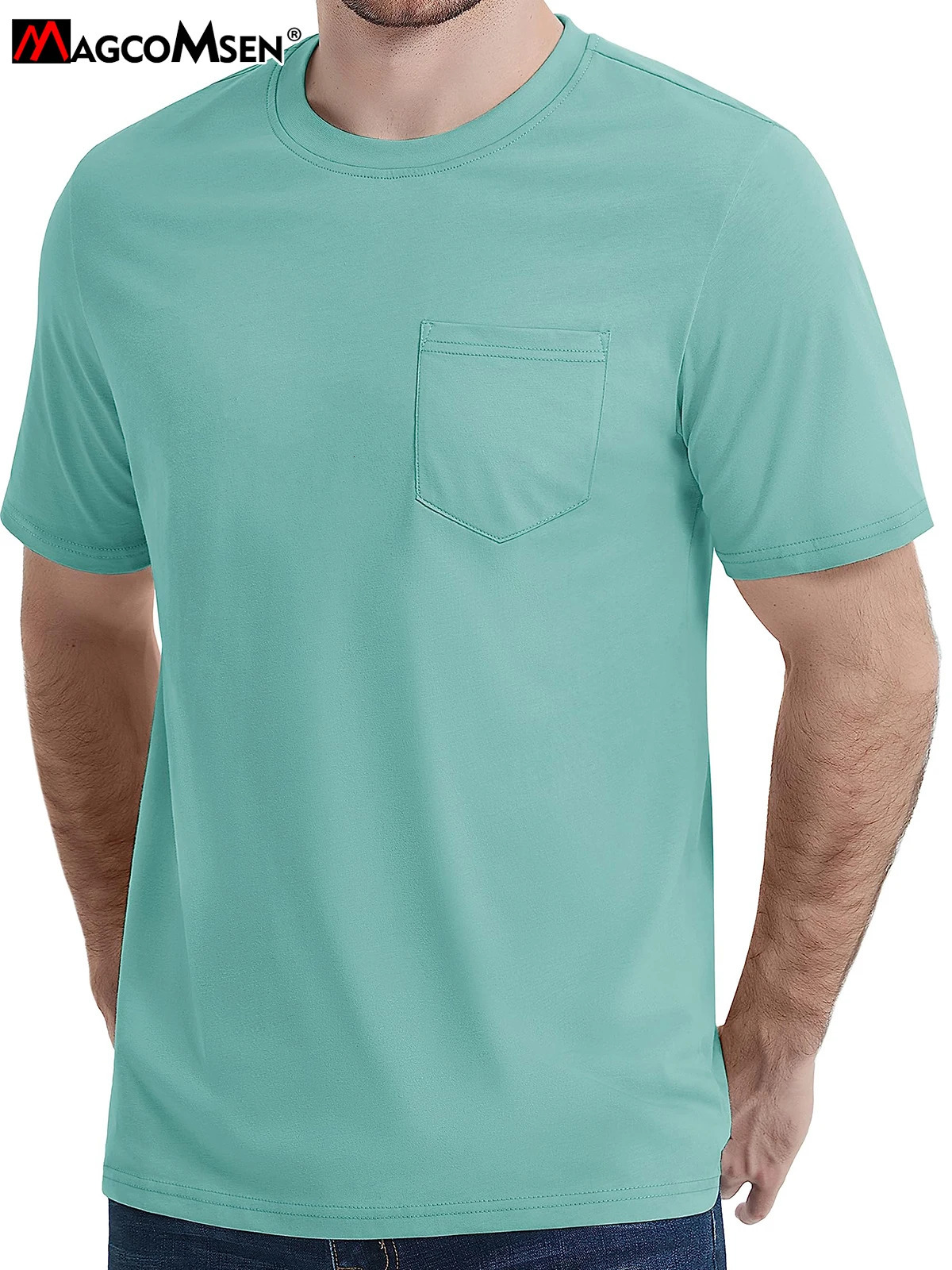 MAGCOMSEN Cotton Crew Neck Mens Casual T-shirt with Chest Pocket Moisturizing Short Sleeve Soft Daily Top 241112