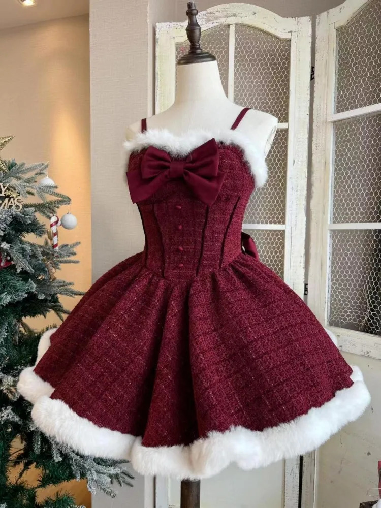 Christmas and Year 3-piece Sweet Lolita Style Dress Set for Womens Elegant and Unique Bow Plush Shawl Short Jacket Mini Skirt Set 241112