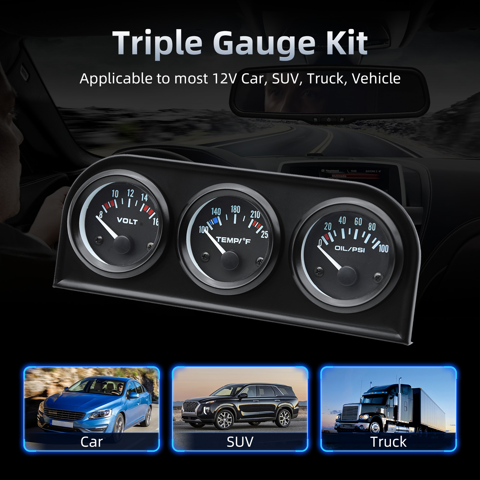 52MM 3 In 1 Pressure + water temp gauge Kit Volt meter with sensor Oil Temperature Gauge Triple Meter