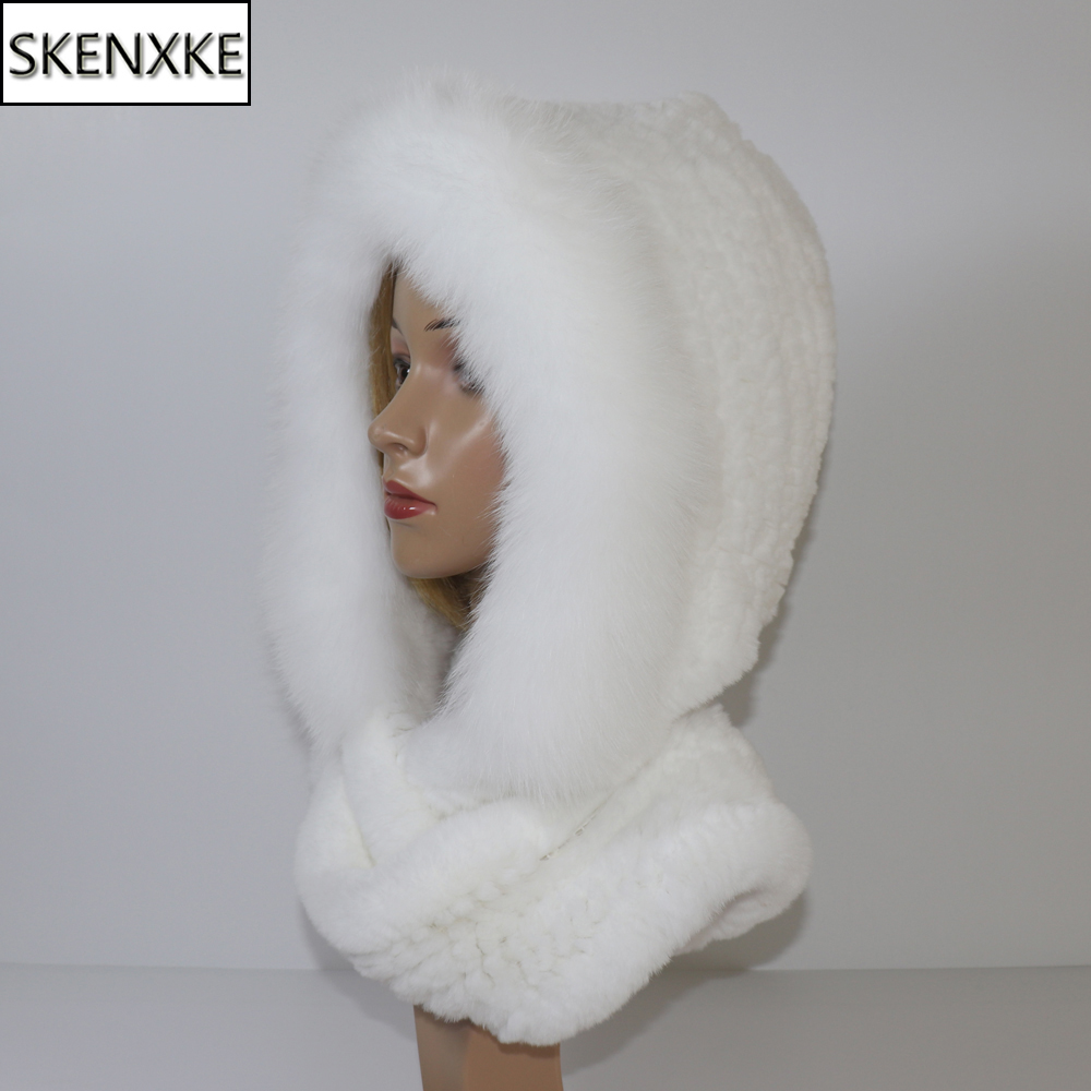 New Winter Women Natural Fox Hats&Scarves Lady Warm Fluffy Rex Rabbit Hat&Scarf Knit Real Fur Hooded Scarfs
