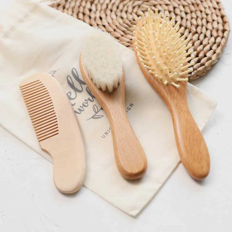 Customized baby hair comb with wooden handle natural soft wool brush baby boys and girls shower soft wool brush newborn massage comb W241112