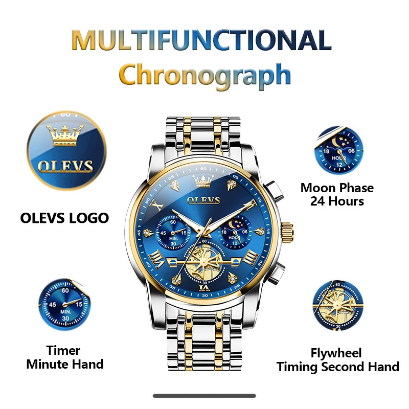 OLEVS mens classic multifunctional Fltwheel chronograph original quartz watch moon phase 24-hour waterproof reloj 241112
