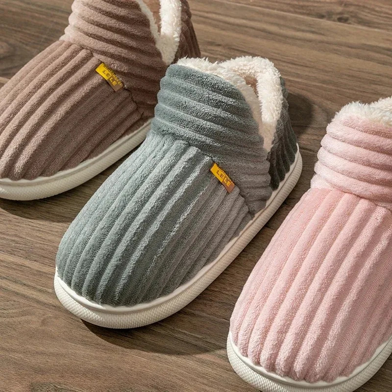 Winter Couple Style Concise Stripes Wrap Heels Plush Slippers Ladies Non-slip Soft Warm Flip Flops Men Home Casual Cotton Shoes 241112
