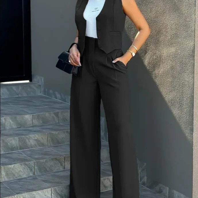 Stylish Women Commuting Vest Tops High Waist Wide Leg Pants 2024 Spring Autumn V Neck Sleeveless Button Regular Work Set 241108