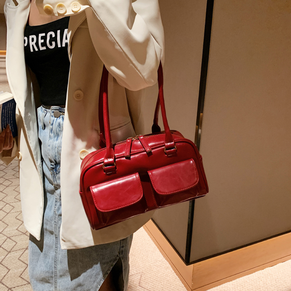 Retro Women's Satchel Hobo Bag Solid Double Pocket Design Ladies Shoulder Bag Fashion Female PU Leather Purse Handbag Tote Purse